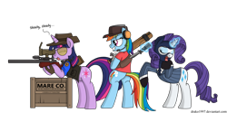 Size: 1024x512 | Tagged: safe, artist:drako1997, rainbow dash, rarity, twilight sparkle, pegasus, pony, unicorn, backstab, balisong, baseball bat, bipedal, butterfly knife, comic, crossover, cutie mark, eyes closed, female, glasses, glowing horn, gun, headset, hooves, knife, levitation, magic, mare, necktie, optical sight, rainbow scout, rarispy, rifle, scout, simple background, smiling, sniper, sniper rifle, spy, talking, team fortress 2, teeth, telekinesis, text, tongue out, transparent background, twilight sniper, weapon, wings