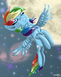 Size: 2682x3380 | Tagged: safe, artist:lostinthetrees, rainbow dash, pegasus, pony, blue coat, female, mare, multicolored mane, solo, space