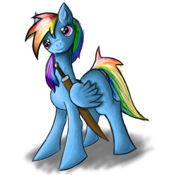 Size: 1024x1024 | Tagged: safe, artist:shadowdash0, rainbow dash, pegasus, pony, blue coat, female, mare, multicolored mane, solo, sword