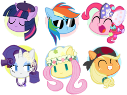 Size: 1280x962 | Tagged: safe, artist:momo, derpibooru import, applejack, fluttershy, pinkie pie, rainbow dash, rarity, twilight sparkle, earth pony, pegasus, pony, unicorn, askharajukupinkiepie, bandana, beret, bow, happy, mane six, smiling, sunglasses