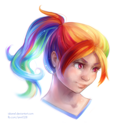 Size: 1066x1074 | Tagged: safe, artist:iskanel, derpibooru import, rainbow dash, human, bust, humanized, ponytail, portrait, simple background, solo, white background