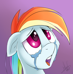 Size: 2389x2421 | Tagged: safe, artist:sea-maas, derpibooru import, rainbow dash, pegasus, pony, bust, crying, floppy ears, gradient background, looking up, open mouth, portrait, sad, simple background, solo, teary eyes