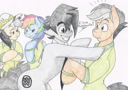 Size: 5762x4087 | Tagged: safe, artist:flicker-show, derpibooru import, daring do, quibble pants, rainbow dash, oc, oc:flicker show, pegasus, pony, absurd resolution, bipedal, traditional art, voice actor joke