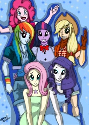 Size: 2492x3508 | Tagged: safe, artist:shikidark, derpibooru import, applejack, fluttershy, pinkie pie, rainbow dash, rarity, twilight sparkle, equestria girls, female, humane five, humane six, mane six, smiling