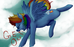 Size: 1135x718 | Tagged: safe, artist:colorlesscupcake, rainbow dash, pegasus, pony, blue coat, female, get out, mare, multicolored mane, solo