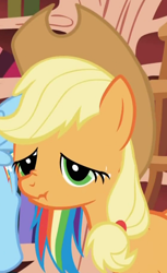 Size: 336x549 | Tagged: safe, derpibooru import, screencap, applejack, rainbow dash, earth pony, pegasus, pony, sonic rainboom (episode), derp, sad, scrunchy face, unhapplejack