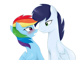 Size: 5000x4000 | Tagged: safe, artist:sofialurax, derpibooru import, rainbow dash, soarin', pegasus, pony, blushing, female, male, shipping, simple background, soarindash, straight, transparent background