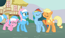 Size: 1125x665 | Tagged: safe, artist:cmpony, artist:thewalrusclown, derpibooru import, aloe, applejack, lotus blossom, rainbow dash, earth pony, pony, body swap, spa twins