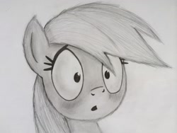 Size: 3264x2448 | Tagged: safe, artist:flare-chaser, rainbow dash, pegasus, pony, blushing, bust, drawing, hair, monochrome, open mouth, pencil drawing, portrait, shading, shocked, sketch, solo, traditional art, wide eyes