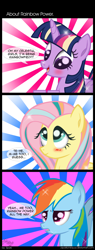 Size: 1430x3778 | Tagged: safe, artist:zsparkonequus, fluttershy, rainbow dash, twilight sparkle, twilight sparkle (alicorn), alicorn, pegasus, pony, comic, cute, dialogue, female, frown, mare, rainbow power, sparkles