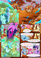 Size: 3500x4950 | Tagged: safe, artist:light262, artist:lummh, derpibooru import, applejack, fluttershy, pinkie pie, rainbow dash, rarity, twilight sparkle, twilight sparkle (alicorn), oc, oc:princess tempora, alicorn, earth pony, pegasus, pony, unicorn, comic:timey wimey, alicorn oc, comic, dialogue, female, force field, implied princess celestia, mane six, mare, paradox, patreon, patreon logo, speed trail