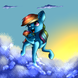 Size: 3000x3000 | Tagged: safe, artist:striar, derpibooru import, rainbow dash, pegasus, pony, cloud, open mouth, prancing, sky, solo, sunrise