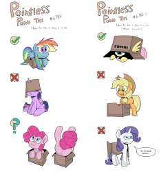 Size: 3186x3404 | Tagged: safe, artist:jittery-the-dragon, derpibooru import, applejack, fluttershy, pinkie pie, rainbow dash, rarity, twilight sparkle, twilight sparkle (alicorn), alicorn, earth pony, pegasus, pony, unicorn, :3, :c, :p, box, cardboard box, horn impalement, mane six, now you're thinking with portals, pointless pony tips, pony in a box, portal, silly, silly pony, tongue out, who's a silly pony