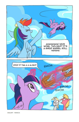 Size: 800x1232 | Tagged: safe, artist:owlbookfort, artist:remsica, rainbow dash, twilight sparkle, twilight sparkle (alicorn), alicorn, pegasus, pony, abuse, april fools, comic, dashabuse, female, mare, pun, rainbow douche, revenge, twibitch sparkle