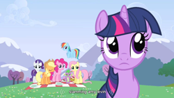 Size: 854x480 | Tagged: safe, derpibooru import, screencap, applejack, fluttershy, pinkie pie, rainbow dash, rarity, spike, twilight sparkle, dragon, earth pony, pegasus, pony, unicorn, a canterlot wedding, mane seven, youtube caption