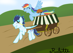 Size: 1024x744 | Tagged: safe, artist:rainbow-deathblow, artist:rulette, rainbow dash, soarin', pegasus, pony, cart, eyes closed, female, flying, goggles, male, pie, running, shipping, smiling, soarindash, stealing, straight