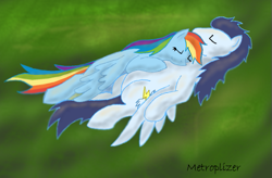 Size: 539x353 | Tagged: safe, artist:metroplizer, rainbow dash, soarin', pegasus, pony, cuddling, eyes closed, female, male, old cutie mark, shipping, sleeping, smiling, snuggling, soarindash, straight