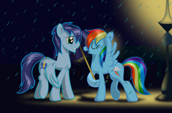 Size: 1871x1233 | Tagged: safe, artist:rebron-y, rainbow dash, soarin', pegasus, pony, eyes closed, female, male, night, rain, shipping, soarindash, spread wings, straight, streetlight, umbrella, wet, wet mane