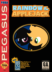 Size: 733x1000 | Tagged: safe, artist:nickyv917, derpibooru import, applejack, rainbow dash, earth pony, pegasus, pony, box art, crossover, parody, sega genesis, sonic & knuckles, sonic the hedgehog (series)