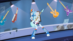 Size: 1001x563 | Tagged: safe, edit, edited screencap, screencap, rainbow dash, mantis pony, reverse centaur, equestria girls, guitar centered, rainbow rocks, guitar, solo, what has science done