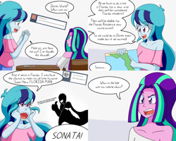 Size: 2000x1600 | Tagged: safe, artist:jake heritagu, aria blaze, sonata dusk, comic:aria's archives, equestria girls, cape, clothes, comic, dialogue, female, florida, florida man, silhouette, speech bubble, table