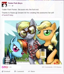 Size: 505x582 | Tagged: safe, artist:razia, derpibooru import, applejack, derpy hooves, rainbow dash, earth pony, pegasus, pony, bubbles (trailer park boys), facebook, female, julian (trailer park boys), mare, ponyhoof, ricky, trailer park boys