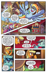 Size: 994x1528 | Tagged: safe, artist:tonyfleecs, derpibooru import, idw, apple bloom, applejack, pinkie pie, rainbow dash, scootaloo, spike, sweetie belle, zecora, dragon, earth pony, pegasus, pony, unicorn, zebra, ponies of dark water, spoiler:comic, spoiler:comic45, clothes, clown, comic, cropped, cutie mark crusaders, donaldjack, ear piercing, earring, face paint, facial hair, female, filly, foal, goggles, jewelry, leg rings, male, mare, moustache, neck rings, official comic, piercing, preview, sonic rainboom, speech bubble, stallion, telegraph