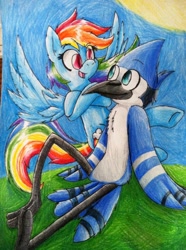 Size: 716x960 | Tagged: safe, artist:mordecairigbylover, rainbow dash, pegasus, pony, crossover, crossover shipping, female, male, mordecai, mordedash, regular show, shipping, straight, traditional art