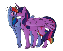 Size: 2500x2000 | Tagged: safe, artist:leafflurry, artist:siferian, derpibooru import, rainbow dash, twilight sparkle, twilight sparkle (alicorn), alicorn, pegasus, pony, blushing, eyes closed, female, kiss on the cheek, kissing, lesbian, mare, shipping, shoulder fluff, simple background, twidash, unshorn fetlocks, white background, wing fluff