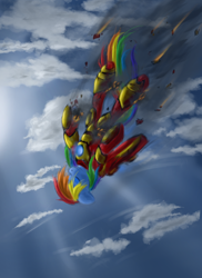 Size: 1440x1980 | Tagged: safe, artist:ardail, rainbow dash, pegasus, pony, clothes, cosplay, falling, iron man, sky, solo, suit