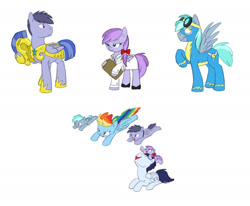 Size: 1968x1622 | Tagged: safe, artist:carnifex, rainbow dash, soarin', oc, oc:lockheed, oc:mercury, oc:snowburst, pegasus, pony, children, clipboard, female, male, offspring, parent:rainbow dash, parent:soarin', parents:soarindash, royal guard, shipping, simple background, soarindash, straight, white background, wonderbolts uniform