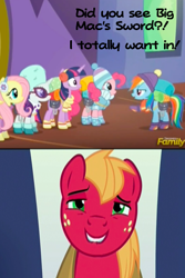 Size: 309x462 | Tagged: safe, derpibooru import, edit, edited screencap, screencap, big macintosh, rainbow dash, earth pony, pegasus, pony, dungeons and discords, big macintosh gets all the mares, caption, male, out of context, stallion