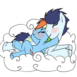 Size: 2000x2000 | Tagged: safe, artist:cruelunicorn, derpibooru import, rainbow dash, soarin', pegasus, pony, cloud, male, old cutie mark, relaxing, shipping, soarindash, straight