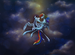 Size: 1000x741 | Tagged: safe, artist:august-shire, rainbow dash, soarin', pegasus, pony, blank flank, cloud, cloudy, eye contact, female, flying, lens flare, love, male, night, shipping, smiling, soarindash, spread wings, straight