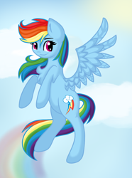 Size: 1000x1344 | Tagged: safe, artist:sketchyhowl, derpibooru import, rainbow dash, pegasus, pony, backwards cutie mark, cloud, female, flying, looking at you, mare, sky, smiling, solo, sun