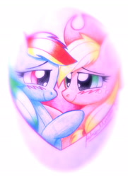 Size: 2238x3085 | Tagged: safe, artist:twintailsinc, derpibooru import, applejack, rainbow dash, earth pony, pegasus, pony, appledash, blushing, female, lesbian, mare, shipping