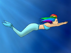 Size: 960x720 | Tagged: safe, artist:muffinsja, rainbow dash, mermaid, halterneck, mermaidized, midriff, solo, underwater