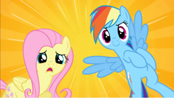 Size: 1062x599 | Tagged: safe, derpibooru import, screencap, fluttershy, rainbow dash, pegasus, pony, what about discord?, do not want, flying, frown, open mouth, smiling, smirk, spread wings, varying degrees of want