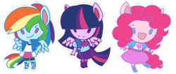 Size: 1024x436 | Tagged: safe, artist:looji, derpibooru import, pinkie pie, rainbow dash, twilight sparkle, equestria girls, chibi, ponied up, trio