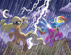 Size: 981x756 | Tagged: safe, artist:tonyfleecs, derpibooru import, idw, applejack, rainbow dash, earth pony, pegasus, pony, cover, lightning, official, rain, storm