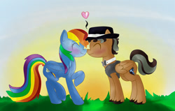 Size: 1311x834 | Tagged: safe, artist:godzelda123, artist:lordjeremy55, artist:roark030, rainbow dash, oc, oc:storm chaser, pegasus, pony, boop, canon x oc, cute, euphoric, fedora, hat, male, shipping, stallion, straight, trilby