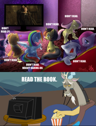 Size: 667x875 | Tagged: safe, derpibooru import, applejack, discord, fluttershy, pinkie pie, rainbow dash, rarity, twilight sparkle, oc, oc:pauly sentry, earth pony, pegasus, pony, unicorn, crying, exploitable meme, game of thrones, image macro, mane six, meme, pinkamena diane pie, red wedding, sad movie meme, spoilers for another series