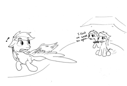 Size: 1024x693 | Tagged: safe, artist:php64, aloe, lotus blossom, rainbow dash, pegasus, pony, flying, monochrome, nail file, spa twins, traditional art