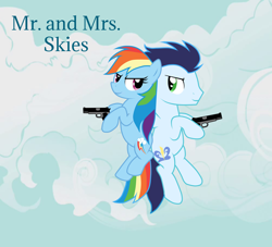 Size: 1024x931 | Tagged: safe, artist:rulette, rainbow dash, soarin', pegasus, pony, cloud, cloudy, female, flying, gun, m1911, male, mr. and mrs. smith, parody, shipping, soarindash, straight