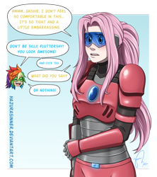 Size: 842x949 | Tagged: safe, artist:hazurasinner, fluttershy, rainbow dash, human, armor, blushing, female, flutterdash, hmd, humanized, lesbian, shipping, speech bubble