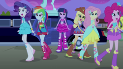 Size: 1280x720 | Tagged: safe, derpibooru import, applejack, fluttershy, pinkie pie, rainbow dash, rarity, spike, twilight sparkle, dog, equestria girls, equestria girls (movie), bare shoulders, boots, bowtie, bracelet, clothes, cowboy boots, cowboy hat, dress, fall formal outfits, hat, high heel boots, jewelry, limousine, mane six, raised leg, sleeveless, spike the dog, strapless, top hat, twilight ball dress, wings
