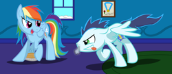 Size: 1024x441 | Tagged: safe, artist:rebron-y, rainbow dash, soarin', pegasus, pony, :p, bedroom eyes, eyes on the prize, female, floppy ears, grin, horses doing horse things, male, open mouth, pie, raised eyebrow, shipping, smiling, snorting, soarindash, spread wings, straight, teasing, that pony sure does love pies, tongue out