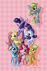 Size: 1000x1500 | Tagged: safe, artist:anggrc, derpibooru import, applejack, derpy hooves, fluttershy, pinkie pie, rainbow dash, rarity, twilight sparkle, twilight sparkle (alicorn), alicorn, earth pony, pegasus, pony, unicorn, female, happy, mane six, mare, pyramid