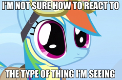 Size: 540x354 | Tagged: safe, derpibooru import, edit, edited screencap, screencap, rainbow dash, pegasus, pony, wonderbolts academy, flight suit, goggles, solo, wonderbolt trainee uniform