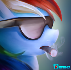 Size: 1280x1250 | Tagged: safe, artist:rezkapratam4x, derpibooru import, rainbow dash, pegasus, pony, cigar, smoking, solo, sunglasses